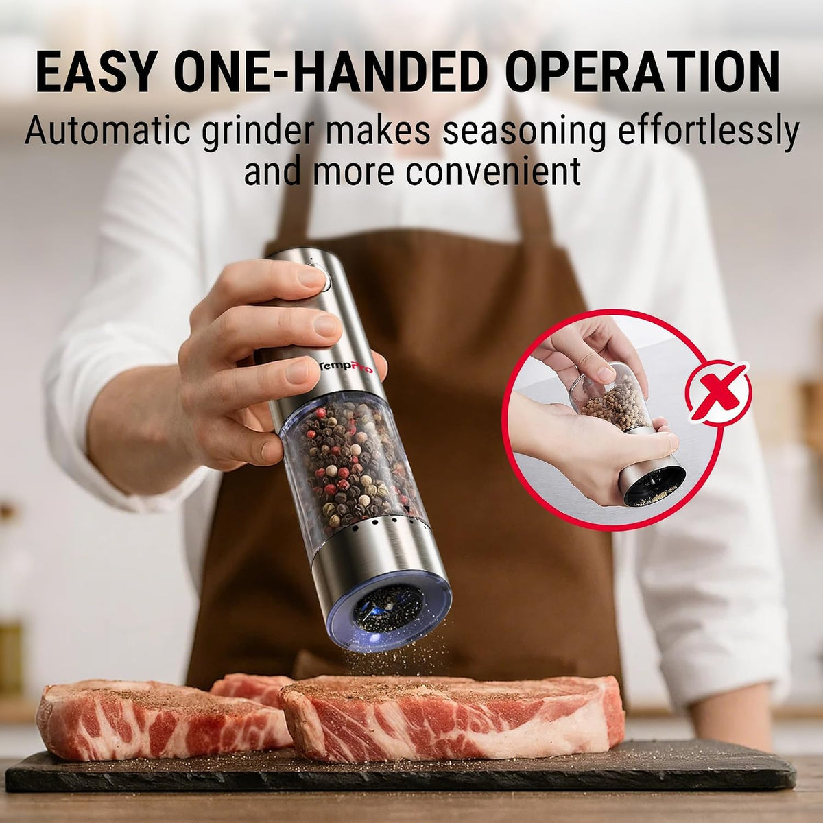 TempPro Rechargeable Electric Salt and Pepper Mill Set with Large Capacity