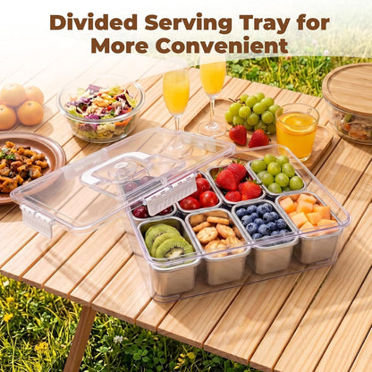 Homelove Snackle Box Container with ice-pack, Snack Container Divided Serving Tray with 8-Compartment Snack Platter, Lid and Handle, Food Organizer for Outdoor Travel Party Beach Picnic