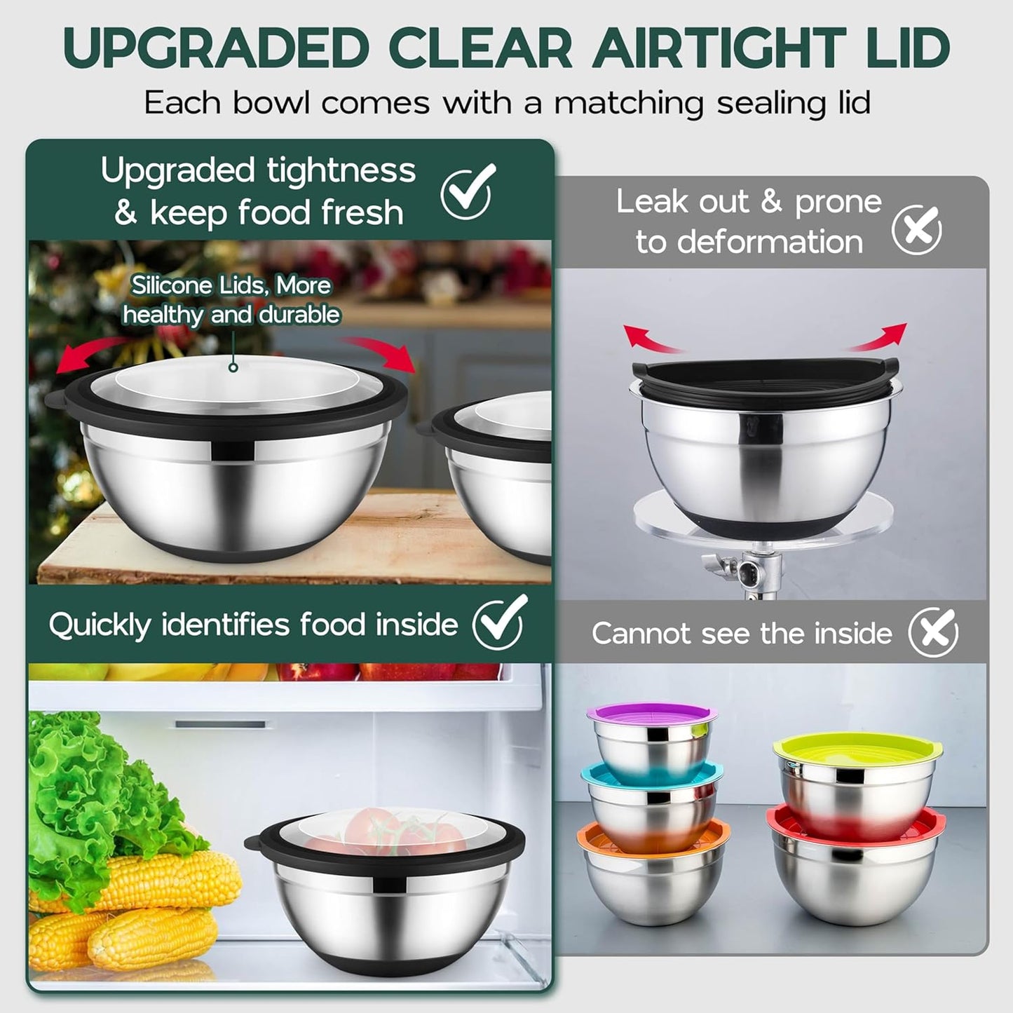 Onader Colorful Mixing Bowl Set of 6 for Kitchen, Large Stainless Steel Metal Nesting Mixing Bowls with Airtight Lids, Non Slip - Size 0.7, 1, 1.5, 2, 2.6, 4.6QT