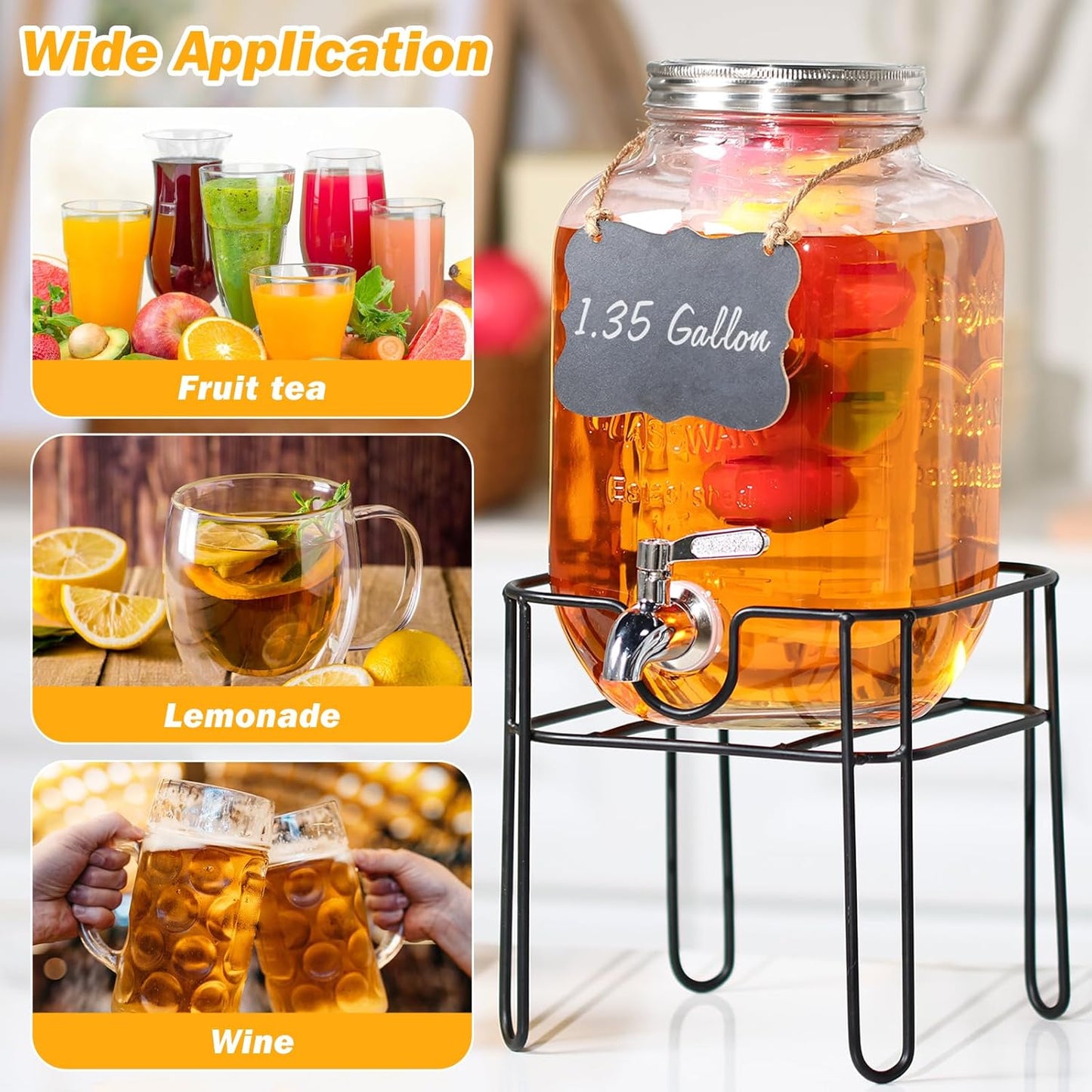Drink Dispenser 1.35 Gallon Glass Beverage Dispenser with Stand & Stainless Steel Spigot, Drink Dispensers for Parties with Fruit Infuser for Lemonade, Iced Tea, Juice, Laundry Detergent