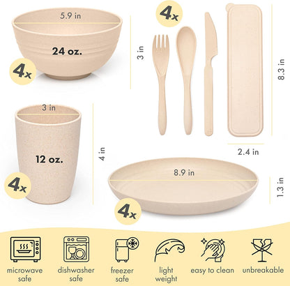 FOODLE Wheat Straw Dinnerware Set - BPA Free & Safety Tested - Microwave & Dishwasher Safe Dishes - Perfect for Camping, Picnic, RV, Dorm - Plates, Cups and Bowls - Great for Kids & Adults - For 4
