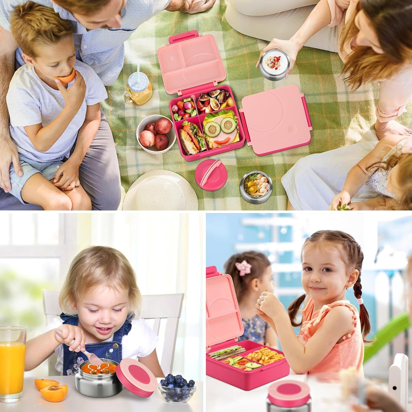 Bento Lunch Box Set for Kids with 8oz Soup Thermo, Leak-Proof Lunch Containers with 4 Compartment, Kids Thermo Hot Food Jar and Insulated Lunch Bag for Kid to School-Black
