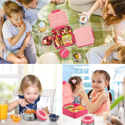 Bento Lunch Box Set for Kids with 8oz Soup Thermo, Leak-Proof Lunch Containers with 4 Compartment, Kids Thermo Hot Food Jar and Insulated Lunch Bag for Kid to School-Black