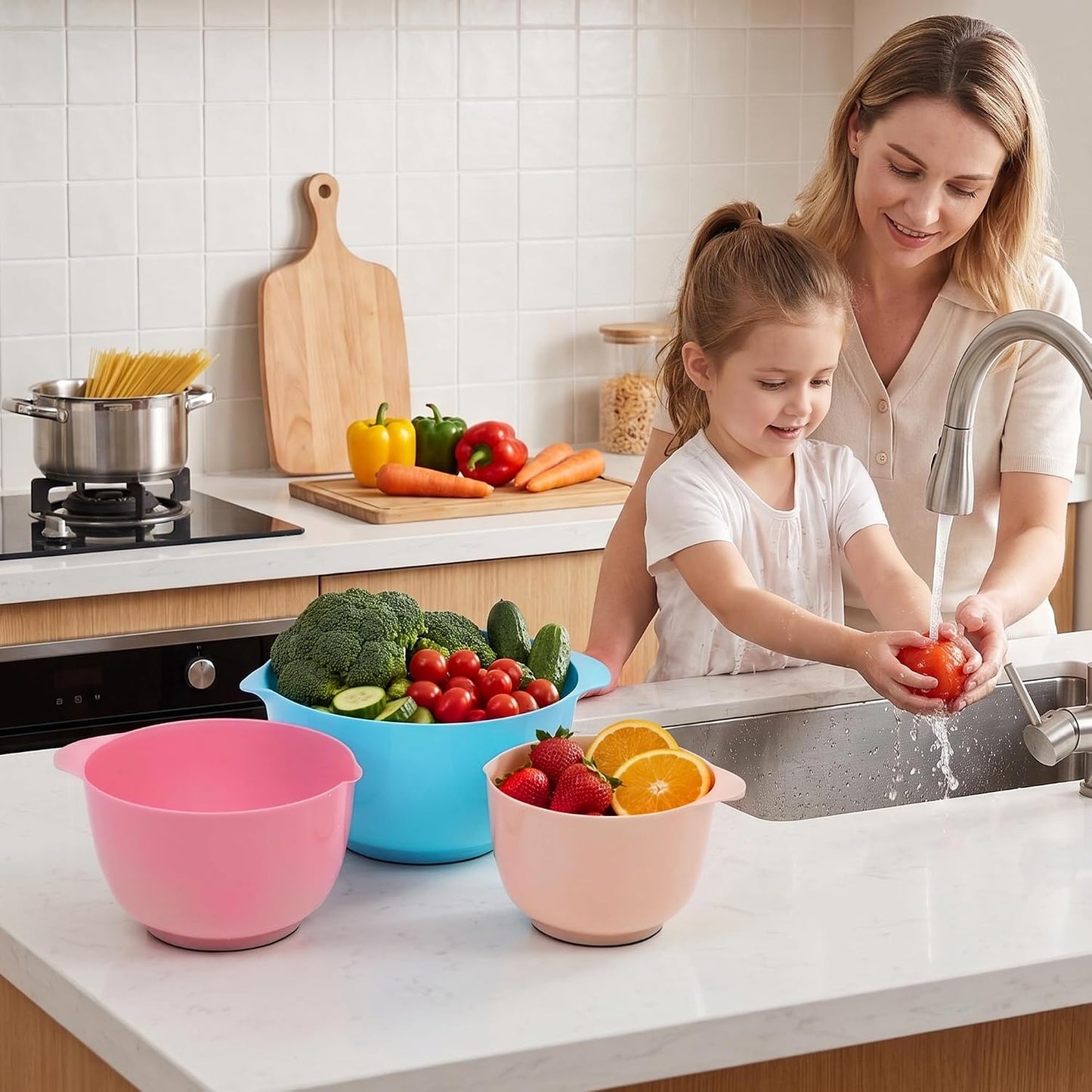 BoxedHome Nesting Plastic Mixing Bowl Set With Pour Spout, Microwave and Dishwasher Safe, BPA free Non-Slip Base, Set of 4 Size 1.7, 2.5, 3.5 and 4.5qt, Great for Prepping, Baking, Cooking (Dark Blue)