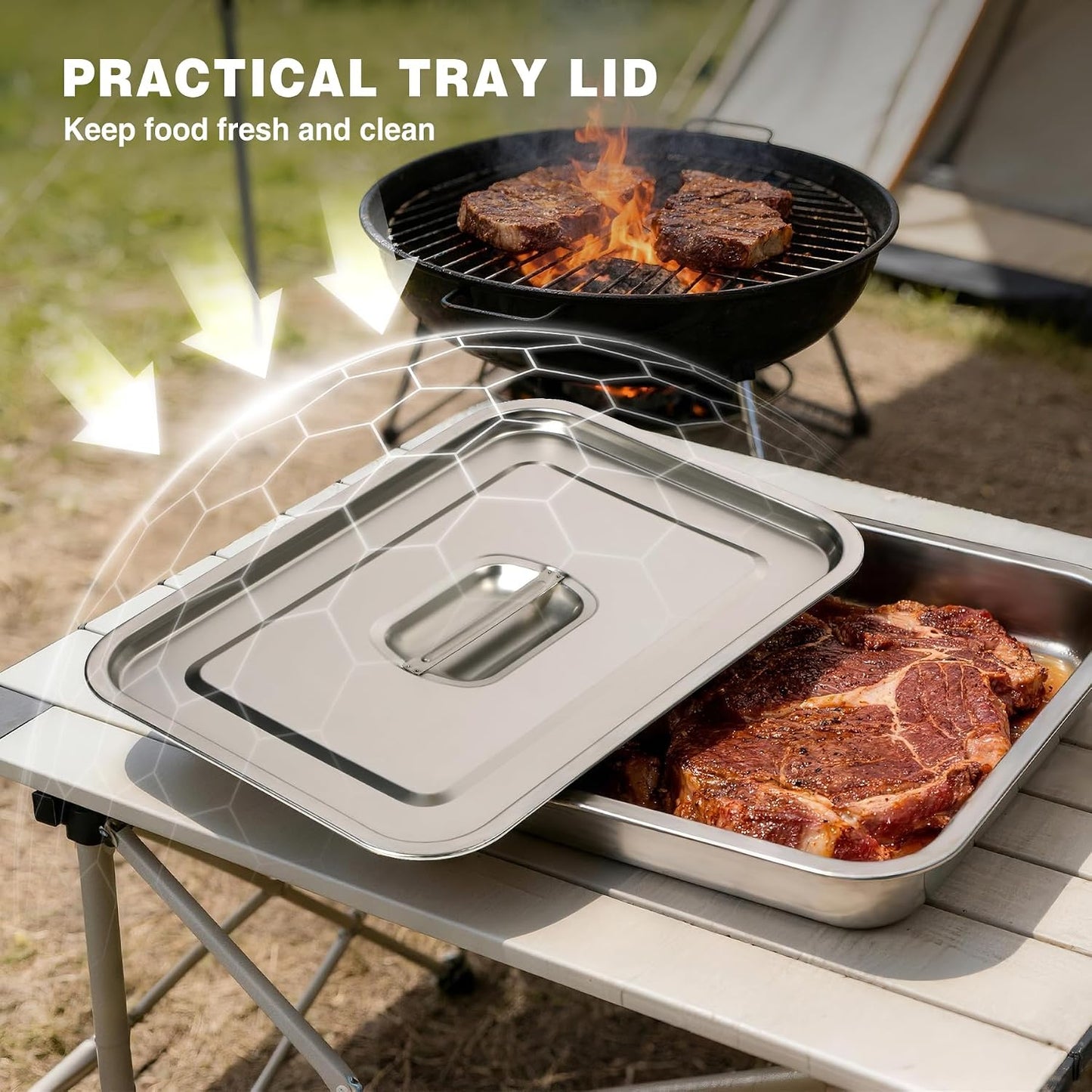 Lineslife 6pcs Grill Prep and Serve Trays, Stainless Steel Marinade Container with Lid, Grill Carry System Cutting Board for Outdoor Cooking BBQ Grill Accessories, Grilling Gift for Grill Lovers