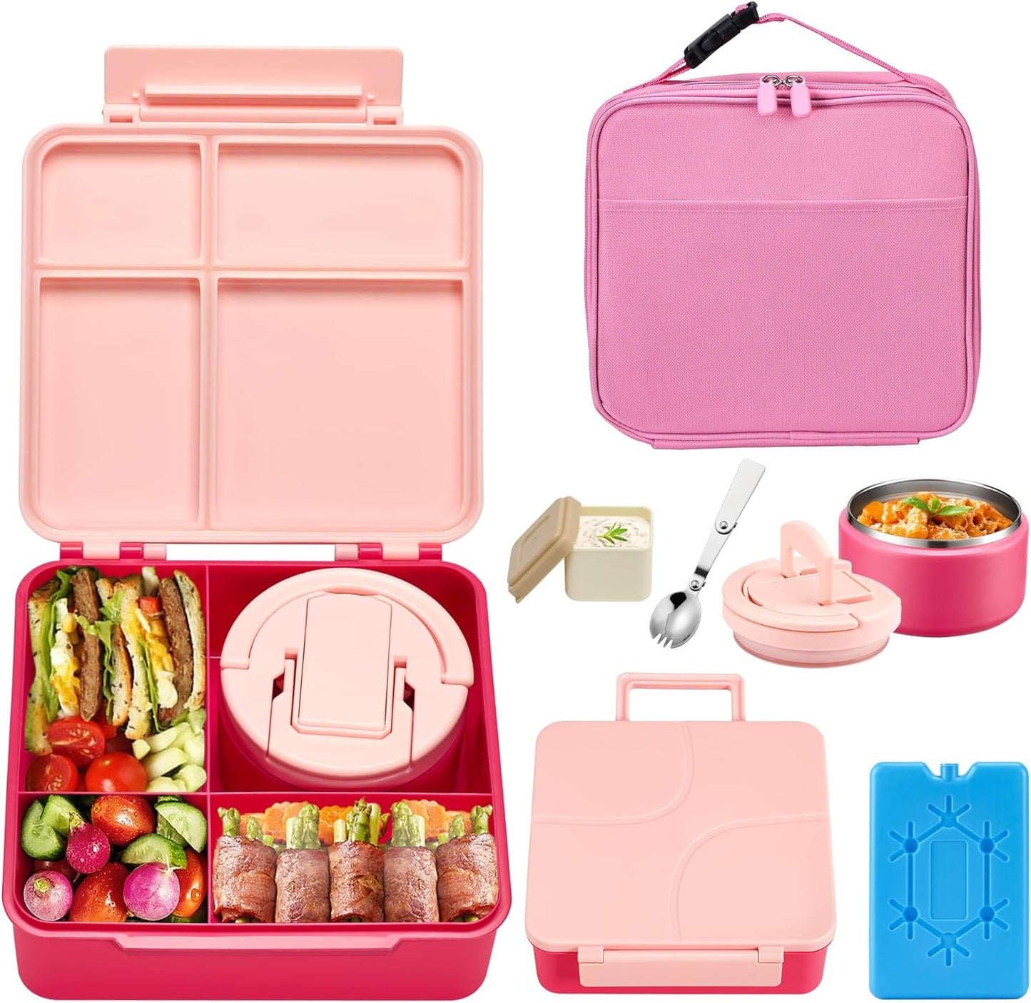 Bento Lunch Box with 8oz Soup Thermo,Kids Leakproof 4 Compartment Lunch Food Containers with Sauce Cup and Ice Pack,Kids Thermo Insulated Hot Food Jar and Lunch Bag for School,Trvael-Black