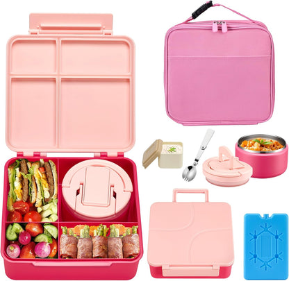 Bento Lunch Box with 8oz Soup Thermo,Kids Leakproof 4 Compartment Lunch Food Containers with Sauce Cup and Ice Pack,Kids Thermo Insulated Hot Food Jar and Lunch Bag for School,Trvael-Black