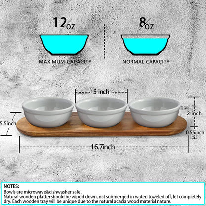 Artena 6oz Turquoise Solid Ceramic Chips and Dip Serving Platter with Acacia Wooden Tray, 4.5inch Glazing Small Serving Bowls/Dipping Dishes for Condiments,Side Dishes, Dipping, Pre, Dessert, Salsa