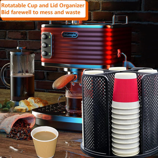 Paper Cup and Lid Holder, Rotatable Coffee Cup Dispenser fit 5-16oz Disposable Cups Organizer, Plastic Cup Storage Rack for Countertop, Coffee Shop, Station, Bar, Office,Kitchen, Black