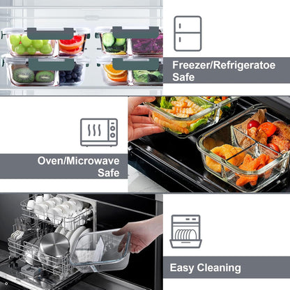 VERONES 10Pack 22OZ Glass Meal Prep Containers and 5Pack Glass 3 Compartment Containers Set, Food Storage Containers with Lids,BPA-Free, for Microwave, Oven, Freezer & Dishwasher Friendly