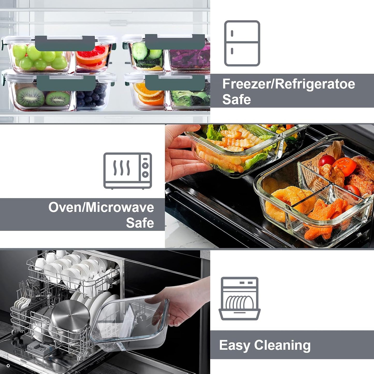 VERONES 5Pack 36OZ 3 Compartment Set and 10Pack Glass Meal Prep Containers, Airtight Lunch Containers, Glass Food Storage Containers with Lids, for Microwave, Oven, Freezer & Dishwasher Friendly