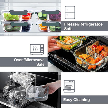VERONES 5Pack 36OZ 3 Compartment Set and 10Pack Glass Meal Prep Containers, Airtight Lunch Containers, Glass Food Storage Containers with Lids, for Microwave, Oven, Freezer & Dishwasher Friendly