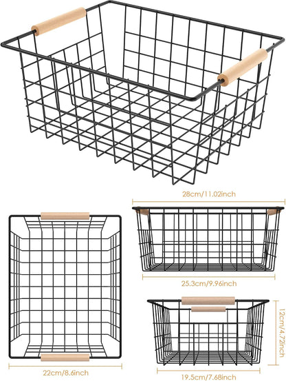 Wire Basket with Wooden Handle, Metal Utility Storage Basket for Organizing Kitchen Pantry Cabinets, Closet and Garage Shelves Drawers, Office Metal Basket Storage Organizer with Handle (Black 4 Pack)