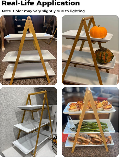 YHOSSEUN 3 Tier Serving Tray Tiered Tray Stand, Ceramic Serving Platters and Trays with Metal Rack, 10+12+14 Inch Large Serving Trays for Party 3 Tier Serving Stand Dessert Display Set, Black