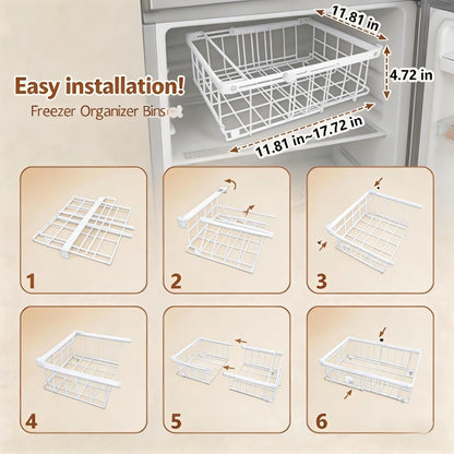 Freezer Organizer Bins 6 Pack: Wire Basket Stackable Storage Containers Expandable 11.81" to 17.72" with Foldable Handles for 5+ Cu.FT Fridge Cabinet Shelves Pantry Kitchen White