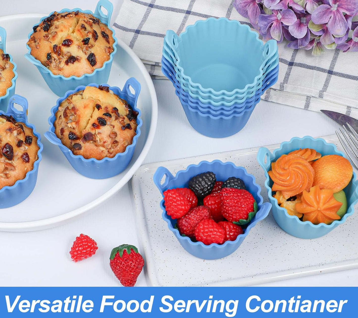 Koluti Nonstick Silicone Muffin Baking Cups Pack of 12, Reusable Cupcake Molds with Double Handle, BPA Free, Mini Round Air Fryer Cupcakes Liner, 3 Colors