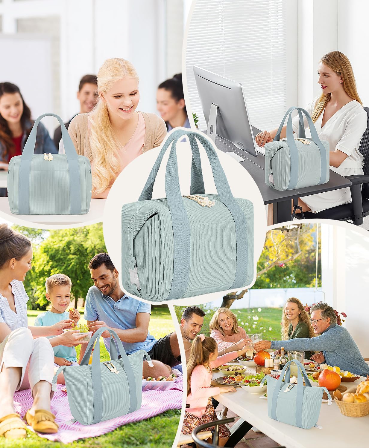 HowFly Lunch Bag Women Lunch Box for Women Cute Corduroy Insulated Lunch Bag Adult Large Cooler Lunch Tote Bags for Work Picnic Beach, Blue