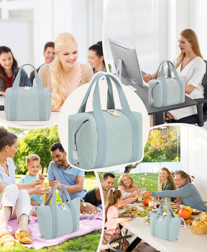 HowFly Lunch Bag Women Lunch Box for Women Cute Corduroy Insulated Lunch Bag Adult Large Cooler Lunch Tote Bags for Work Picnic Beach, Blue