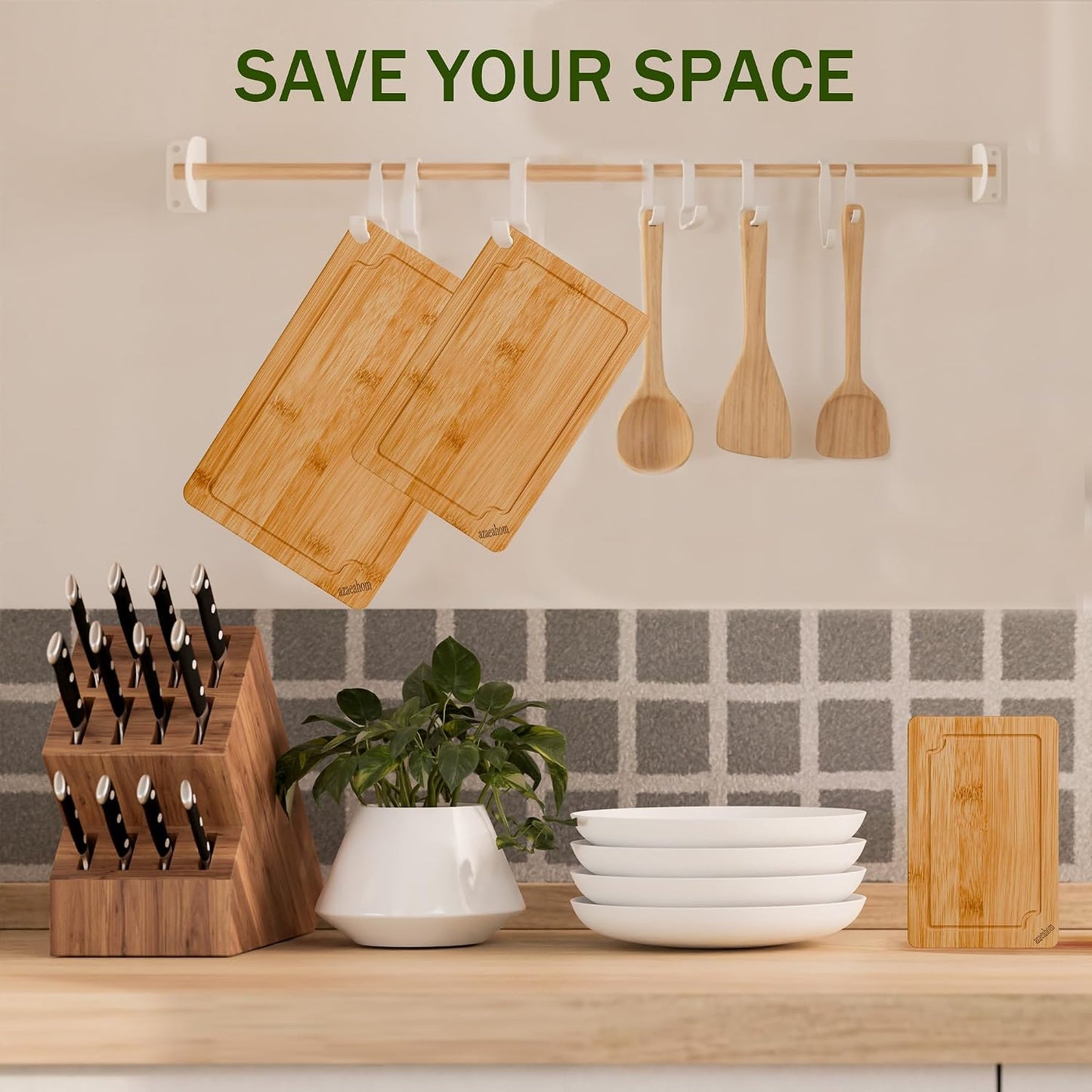 Bamboo Cutting Boards for Kitchen, Wood Cutting Board Set with Juice Grooves & Built-in Handles, Large Medium Small Chopping Board for Meat, Vegetables, Fruit