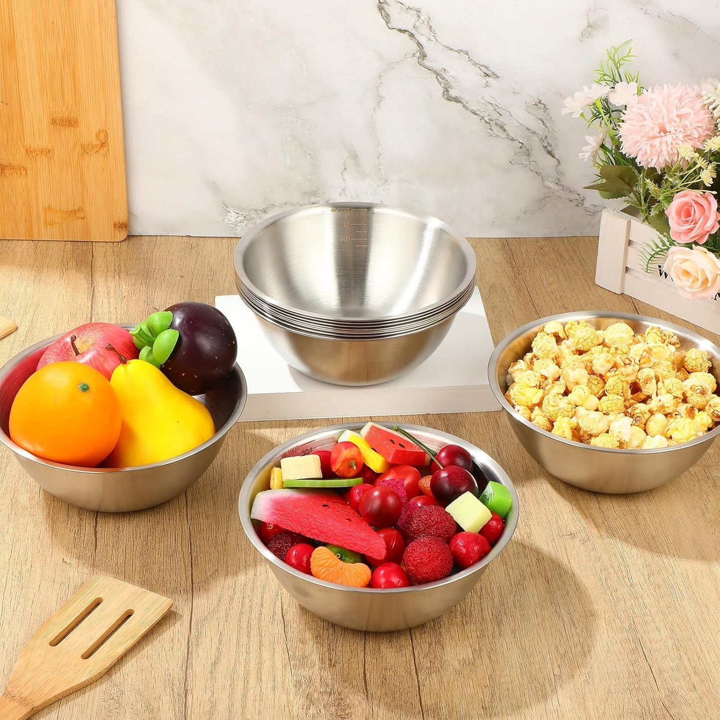 Honeydak 12 Pcs 304 Stainless Steel Mixing Bowls with Graduations, Salad Bowls Metal Serving Reusable Baking Food Storage Containers for Baking, Cooking, Salads, Soups, Ice Cream, Noodles (40 oz)