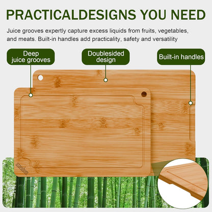 Bamboo Cutting Boards for Kitchen, Wood Cutting Board Set with Juice Grooves & Built-in Handles, Large Medium Small Chopping Board for Meat, Vegetables, Fruit
