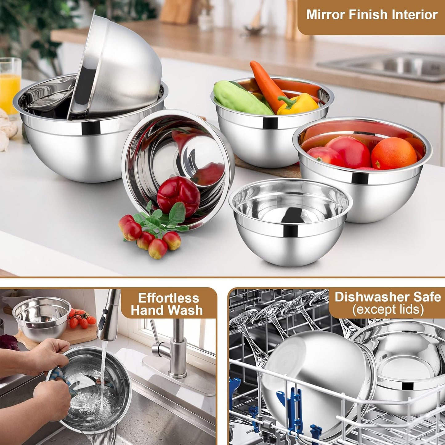 LIANYU Stainless Steel Mixing Bowls Sets of 6, Large 7, 3.5, 2.5, 2, 1.5, 1QT Size with Transparent Airtight Lids, Metal Nesting Serving Bowl Sets for Home Kitchen, Dishwasher & Freezer Safe, Black