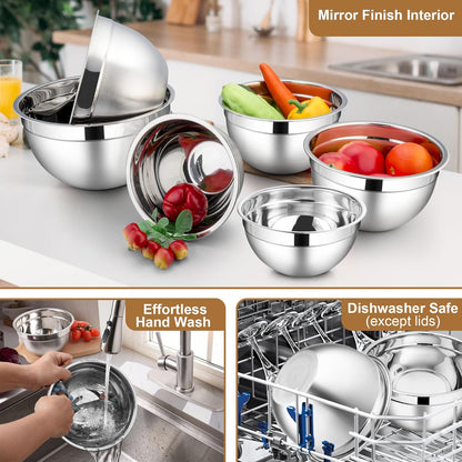LIANYU Stainless Steel Mixing Bowls Sets of 6, Large 7, 3.5, 2.5, 2, 1.5, 1QT Size with Transparent Airtight Lids, Metal Nesting Serving Bowl Sets for Home Kitchen, Dishwasher & Freezer Safe, Black