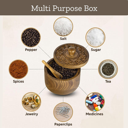 Mie Creations Rustic Salt Box Cellar with Lid & Spoon, Mango Wood Floral