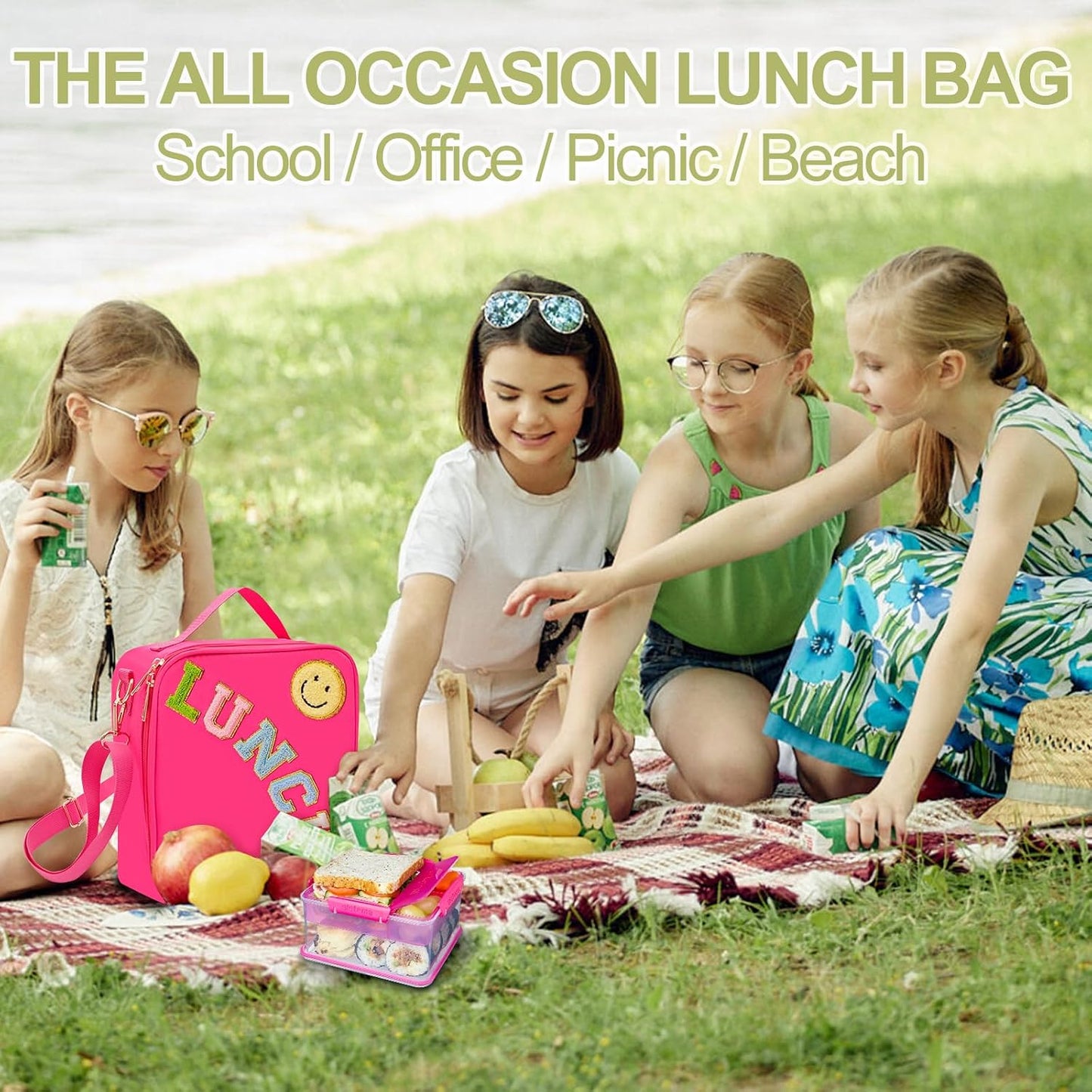 Insulated Lunch Bag With Adjustable Shoulder Strap, Nylon Preppy Lunch Box Large Insulated Lunch Bag Reusable Lunch Tote Bag with Smiley Preppy LunchBag for Girls School Travel Picnic (Green)