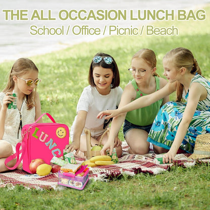 Insulated Lunch Bag With Adjustable Shoulder Strap, Nylon Preppy Lunch Box Large Insulated Lunch Bag Reusable Lunch Tote Bag with Smiley Preppy LunchBag for Girls School Travel Picnic (Green)