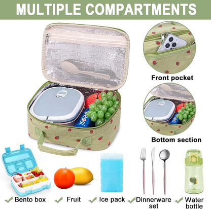 Bluboon Insulated Lunch Bag for Girls & Boys, Corduroy School Lunch Box with Cooler & Organizer Compartments, Leak-Proof Lunch Tote for School, Travel (Corduroy Strawberries Beige)