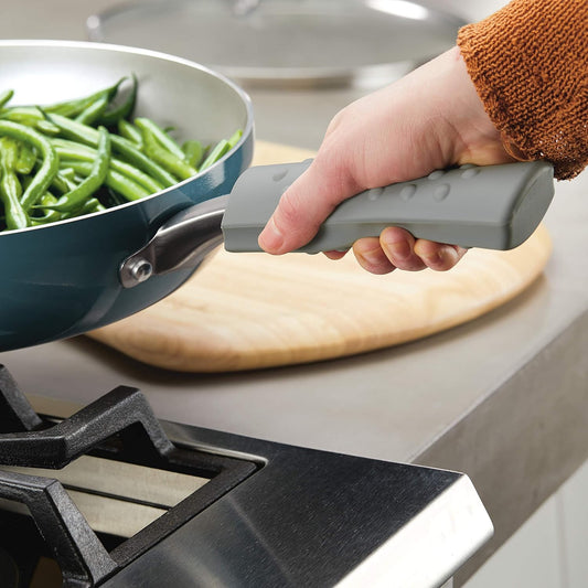 Ayesha Curry Kitchenware Ayesha Curry Kitchen Tools and Gadgets Silicone Handle/Holder Sleeve Set for Cast Iron, Skillets, and Frying Pans, 2 Piece, Matte Silver,6.25" L x 1.9" W