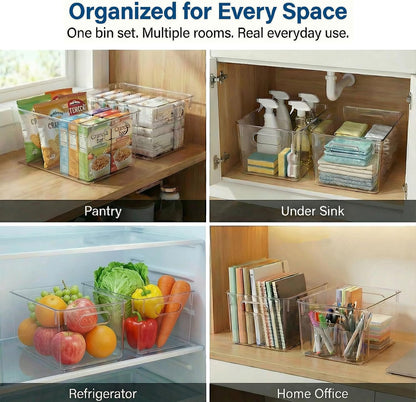 MOONEDGE Large Clear Plastic Storage Bins 4 Pack, 12" x 8" x 6" Stackable & Durable Organizers for Kitchen, Pantry, Refrigerator & Bathroom – Food Safe, Easy to Clean, Ideal for Home Organization