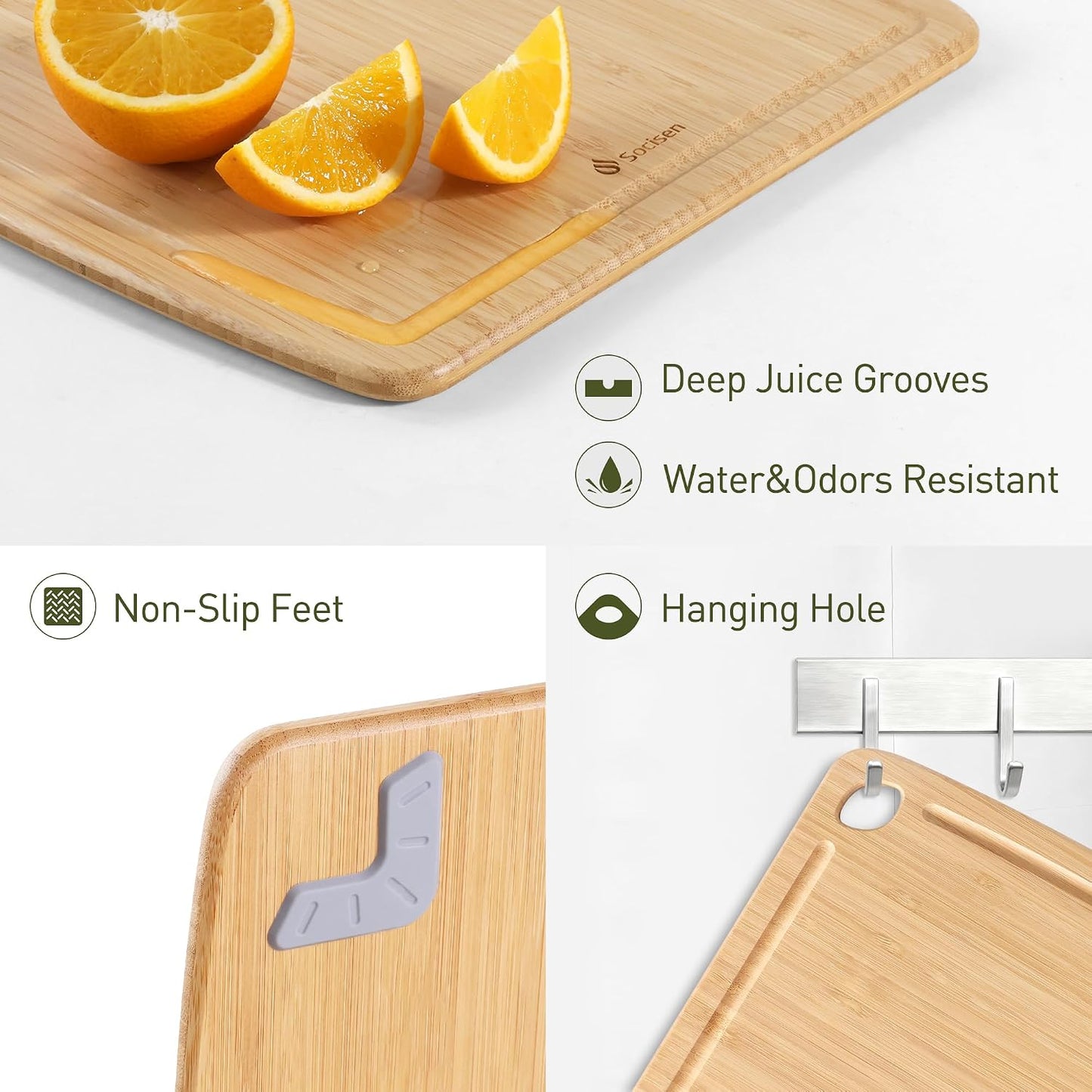 Lightweight Durable Bamboo Cutting Board Set with Non-Slip Feet, Wood Cutting Board for Busy Kitchen, Easy Clean Wooden Chopping Boards with Juice Groove Best House Warming Gift Set of 3 (S+M+L)