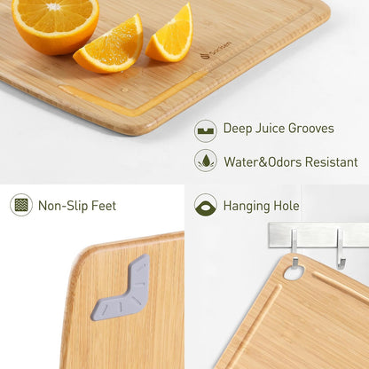 Lightweight Durable Bamboo Cutting Board Set with Non-Slip Feet, Wood Cutting Board for Busy Kitchen, Easy Clean Wooden Chopping Boards with Juice Groove Best House Warming Gift Set of 3 (S+M+L)
