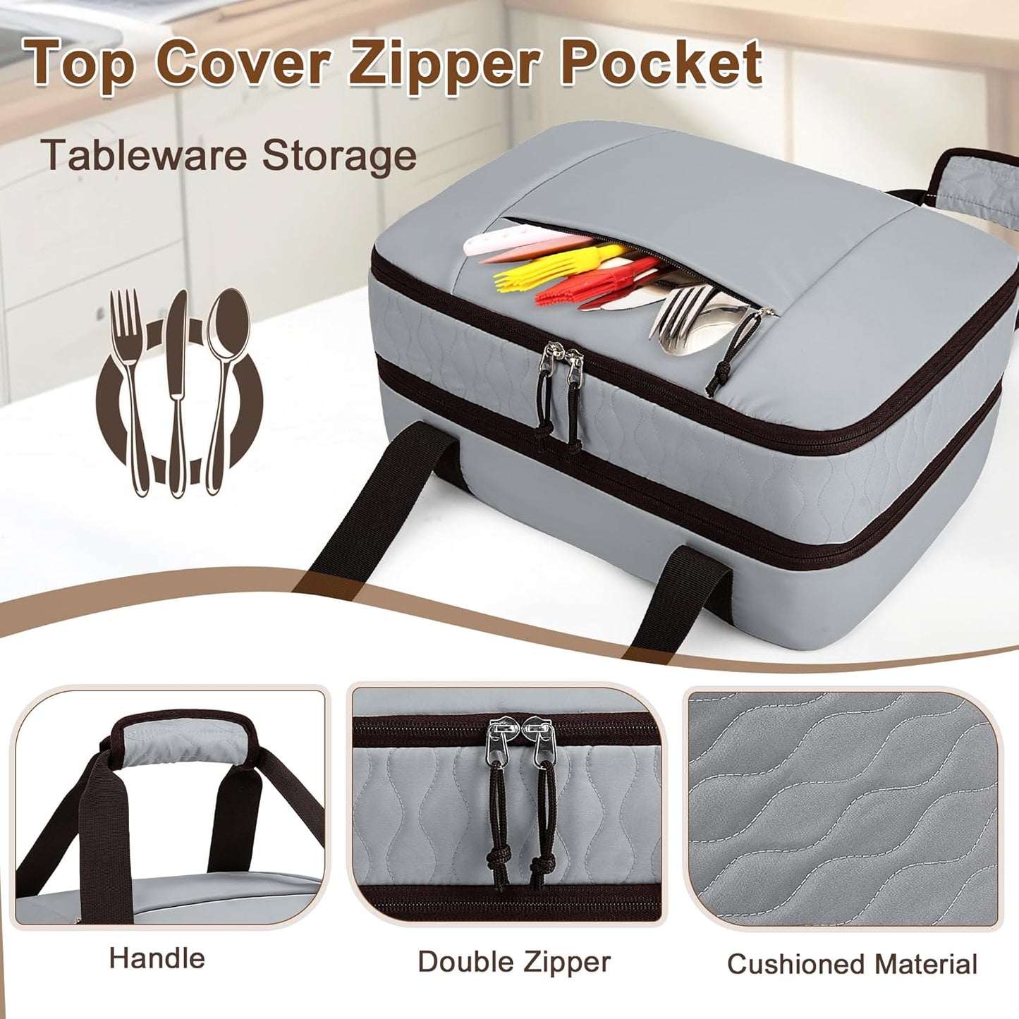 Trunab Insulated Casserole Carrier for Hot or Cold Food, Double Thermal Food Containers, Fit 9x13 Inches Baking Dish Foil Pans, For Picnic Cookouts, Potluck Parties, Beach,Beige (Beige)