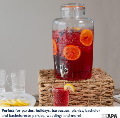 Ilyapa 2 Gallon Glass Beverage Dispenser, Metal Base, Stainless Steel Spigot & Hanging Chalkboard - for Lemonade, Tea, Cold Water & More