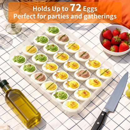 77L Deviled Egg Containers with Lid, (Set of 2), Plastic Egg Holder for Refrigerator for 48 Eggs, Clear Storage Deviled Egg Carrier Tray, Fridge Stackable Countertop Portable Egg Dispenser