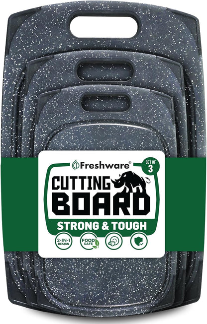 Freshware Cutting Boards for Kitchen, Chopping Board 3-Pack with Different Sizes, Juice Grooves and Non Slip Handles - Reversible, Large Cutting Board Set - Dishwasher Safe - Gray
