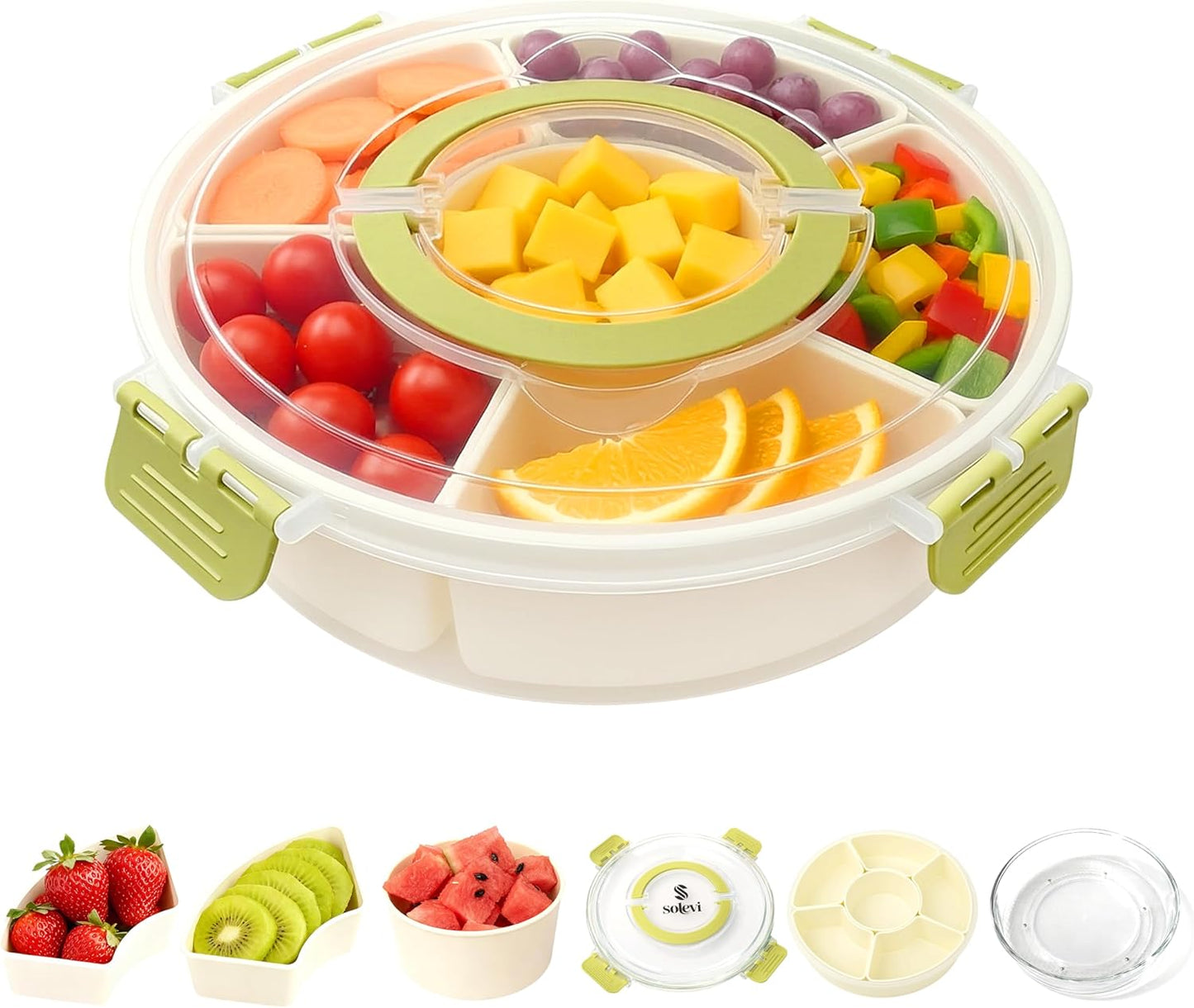 Divided Serving Tray with Lid – Snackle Box Container with Handle – Dishwasher & Microwave Safe – 6-Compartment Round Organizer for Fruits, Veggies, Candy & Nuts – Compact & Travel Friendly (10”)