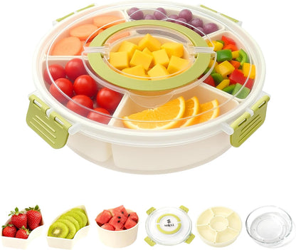 Divided Serving Tray with Lid – Snackle Box Container with Handle – Dishwasher & Microwave Safe – 6-Compartment Round Organizer for Fruits, Veggies, Candy & Nuts – Compact & Travel Friendly (10”)