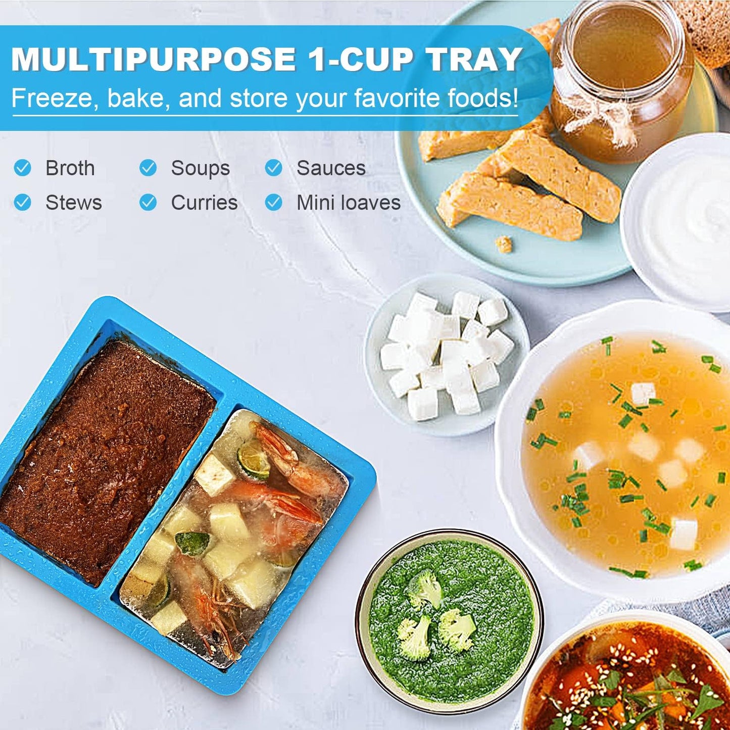 Walfos Silicone Freezer Tray with Lid - 1.5Cup Silicone Food Freezer Tray - Soup, Sauce, leftovers, Homemade Meal Prep Freezing Kitchen Storage Containers - 4pcs-blue