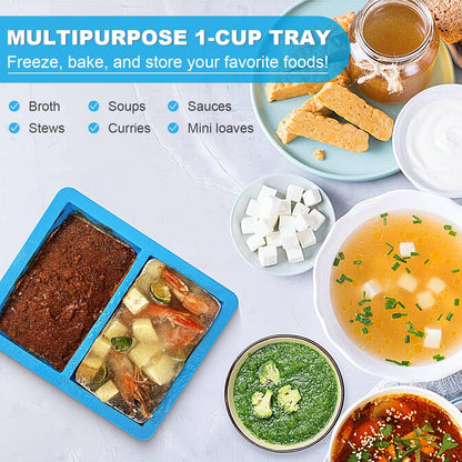 Walfos Silicone Freezer Tray with Lid - 1.5Cup Silicone Food Freezer Tray - Soup, Sauce, leftovers, Homemade Meal Prep Freezing Kitchen Storage Containers - 4pcs-blue