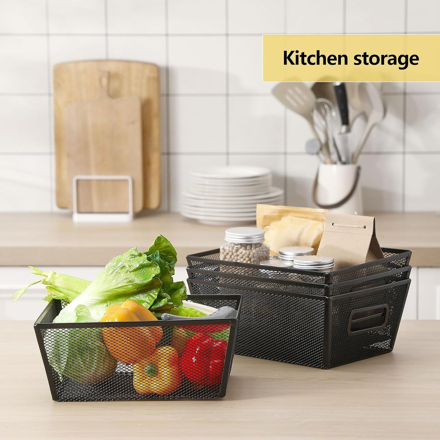 Maxdot 4 Pcs Wire Storage Basket with Handle Metal Baskets Wire Mesh Pantry Organizers for Cabinet Kitchen, Laundry, Bathroom Makeup Snacks Containers(White)