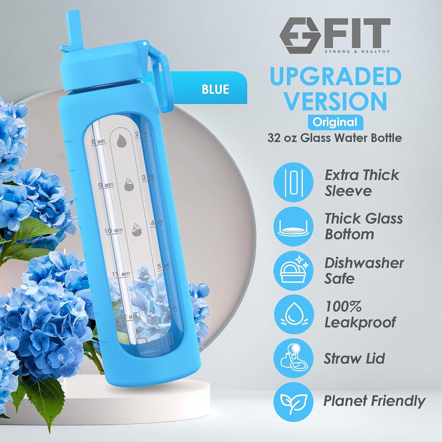 FIT Strong & Healthy 2 & 3 Compartment Glass Meal Prep Containers (4 Pack, 32 oz) and 32 oz Glass Water Bottle with Straw Lid, Time Marker, Sleeve & Extra Lid Bundle