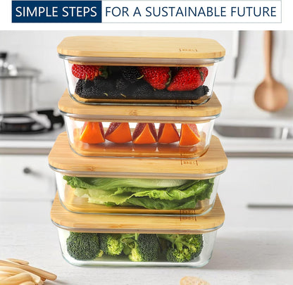 Glass Food Storage Containers with Bamboo Lids (4-Pack, 36oz) Airtight, Leakproof, BPA-Free Borosilicate Glass Meal Prep Containers – Eco-Friendly, Oven/Microwave/Freezer Safe-Plastic-Free & Reusable