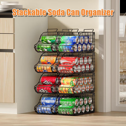 Sonyabecca 4-Pack Stackable Canned Food Organizer with Handles, Soda Can Organizer for Kitchen Pantry Shelves, Foldable Wire Cabinet Shelf for Can Storage, Patent Pending, Black