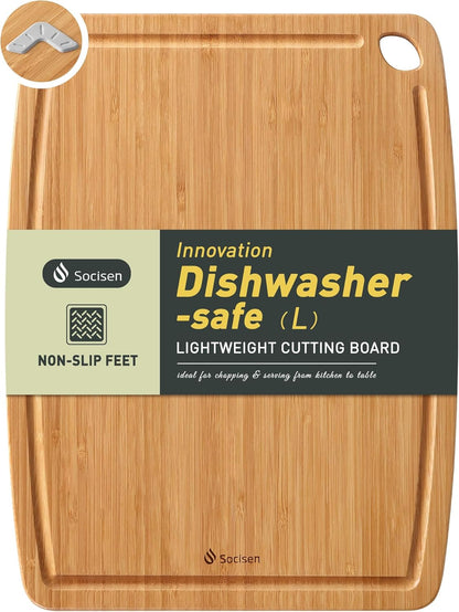 Lightweight Durable Bamboo Cutting Board Set with Non-Slip Feet, Wood Cutting Board for Busy Kitchen, Easy Clean Wooden Chopping Boards with Juice Groove Best House Warming Gift Set of 3 (S+M+L)
