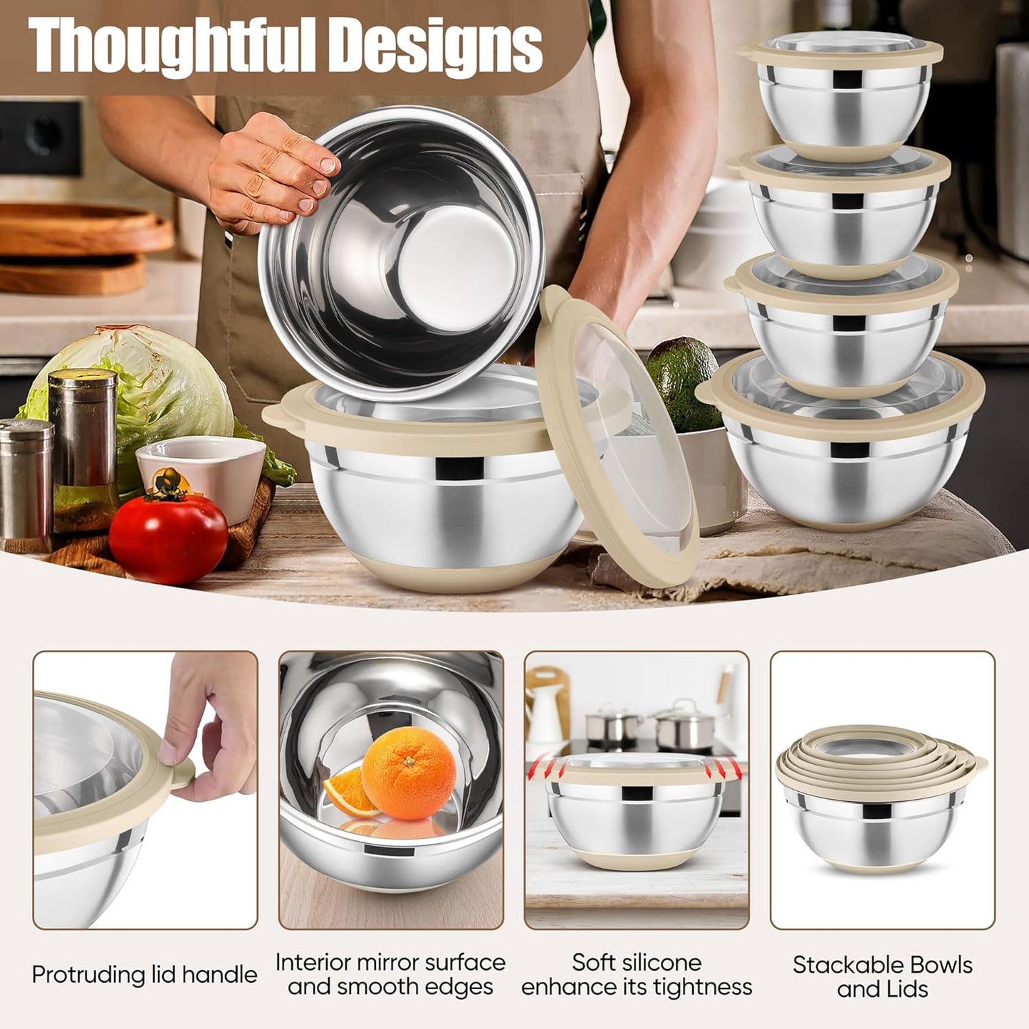 P&P CHEF Khaki Mixing Bowls Set of 6, Stainless Steel Mixing Bowl with Visible Lids for Salad, Metal Nesting Serving Bowls for Kitchen Cooking Prepping Storing Food, 4.6/3.5/2.6/2/1.5/1 QT
