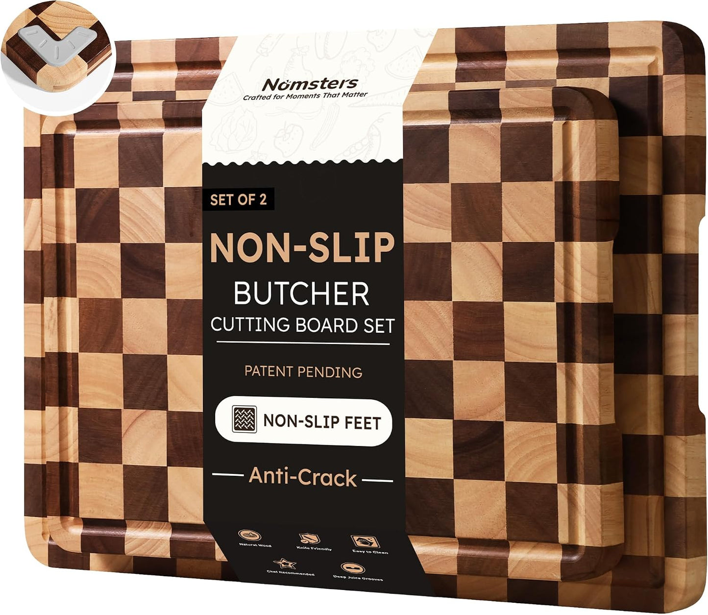 3 Packs Cutting Boards for Kitchen Checkered Cutting Board Acacia Wood Charcuterie Board Serving Heavy Duty Non Toxic Slip Butcher Block Wood Chopping Board with Juice Grooves Handles